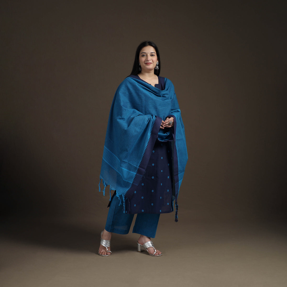 Jacquard Woven Cotton Straight Kurta with Palazzo & Dupatta Suit Set for Women 08