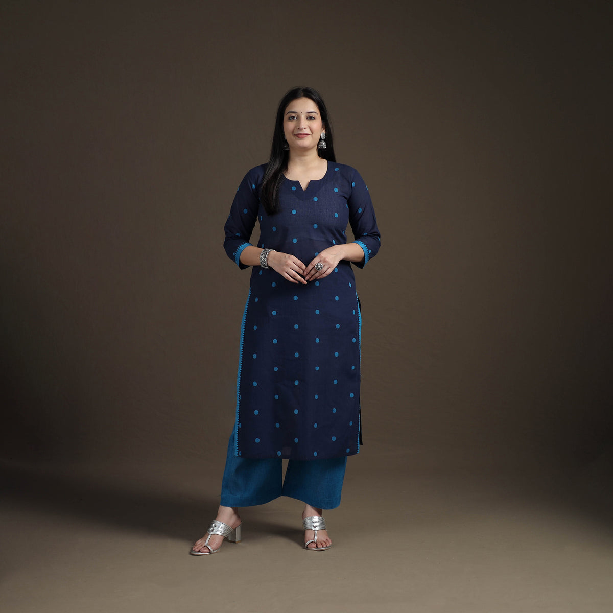 Jacquard Woven Cotton Straight Kurta with Palazzo & Dupatta Suit Set for Women 08