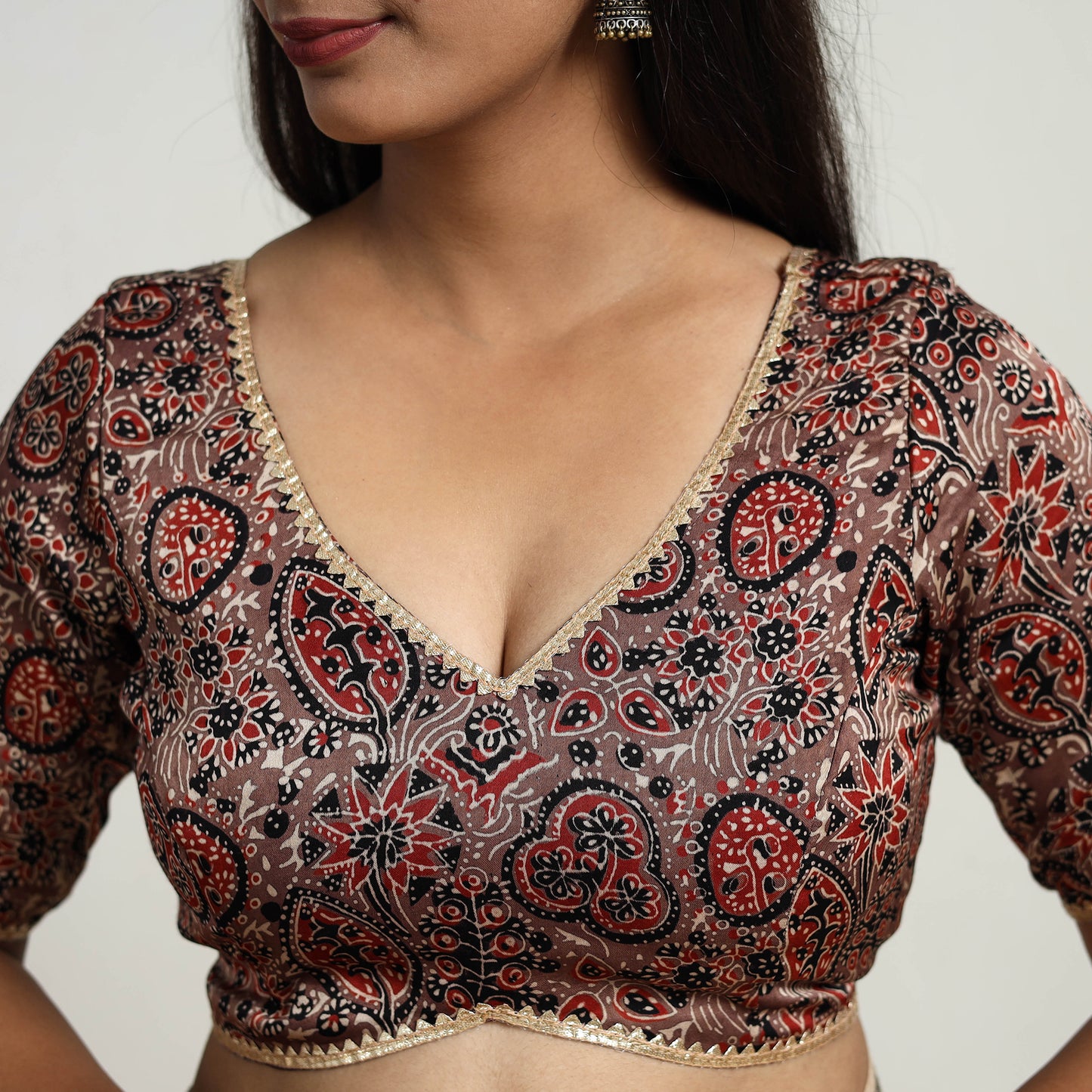 Brown - Modal Silk Block Print Stitched Ajrakh Blouse 13