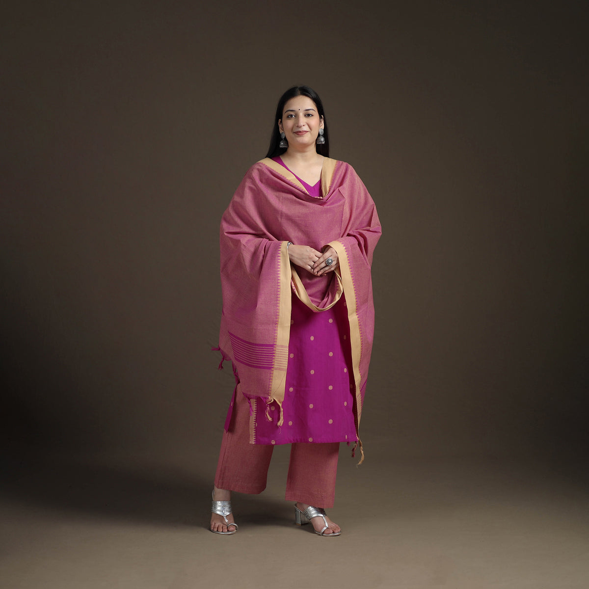 Jacquard Woven Cotton Straight Kurta with Palazzo & Dupatta Suit Set for Women 01