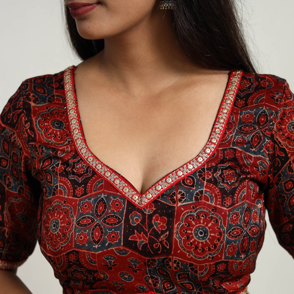 Red - Modal Silk Block Print Stitched Ajrakh Blouse 02