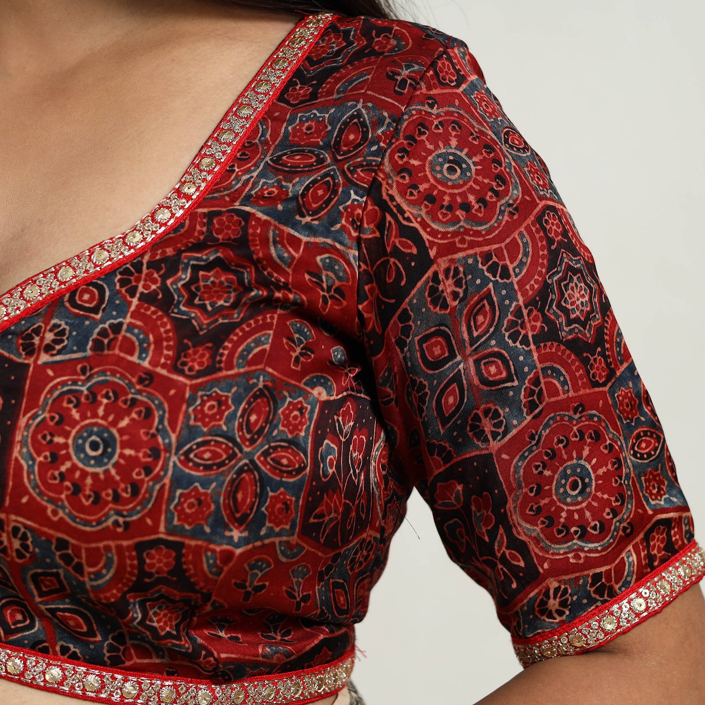 Red - Modal Silk Block Print Stitched Ajrakh Blouse 02