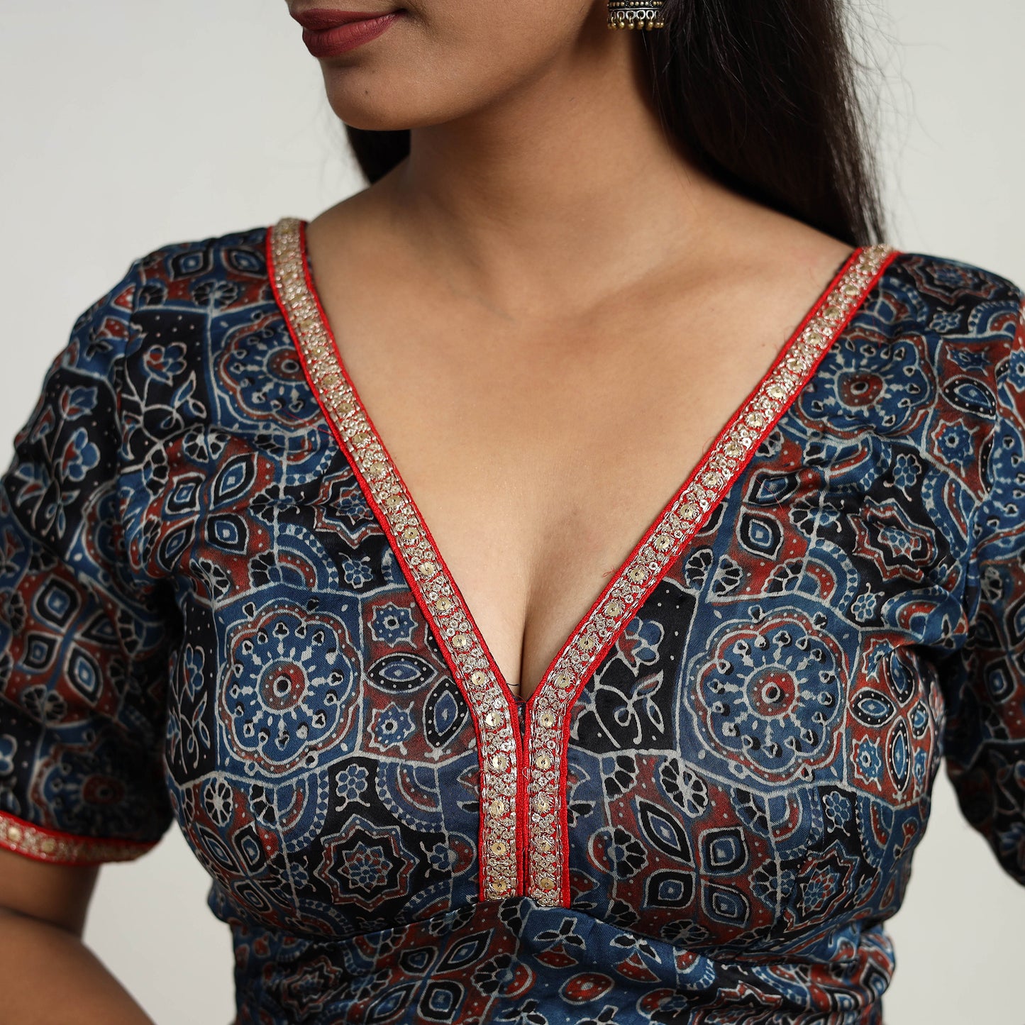 Blue - Modal Silk Block Print Stitched Ajrakh Blouse 10