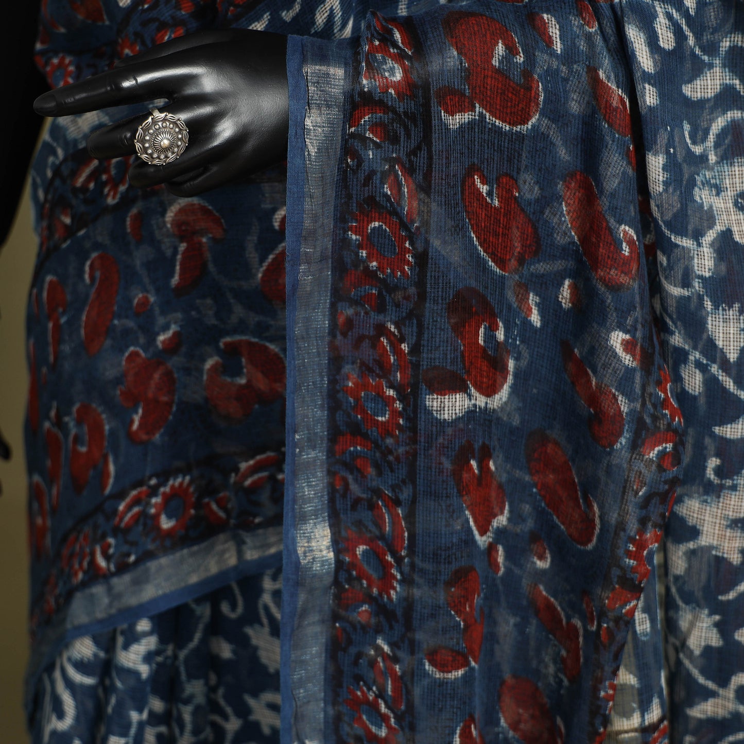 Blue - kota doria cotton bagru saree 13 - handcrafted