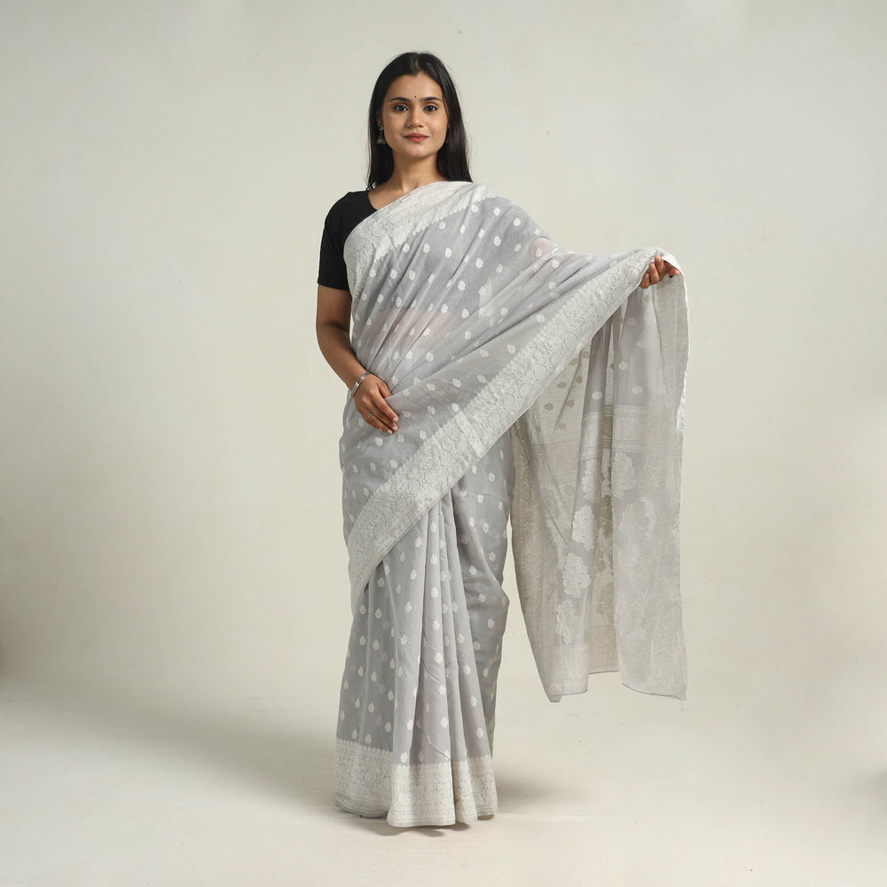 Grey - Banarasi Silk Cotton Cutwork Buti Saree 53