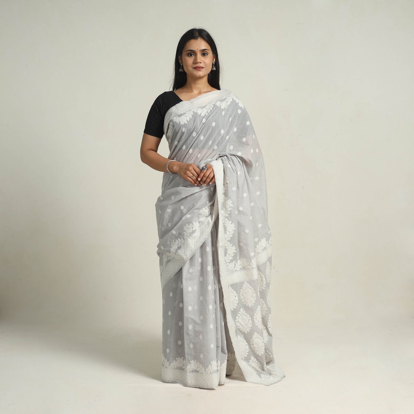 Grey - Banarasi Silk Cotton Cutwork Buti Saree 51