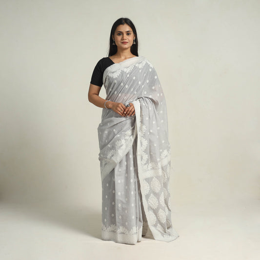 Grey - Banarasi Silk Cotton Cutwork Buti Saree 51