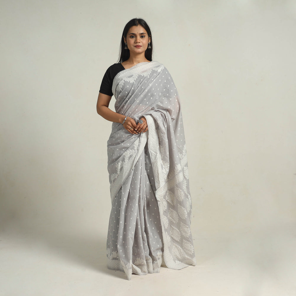 Grey - Banarasi Silk Cotton Cutwork Buti Saree 52