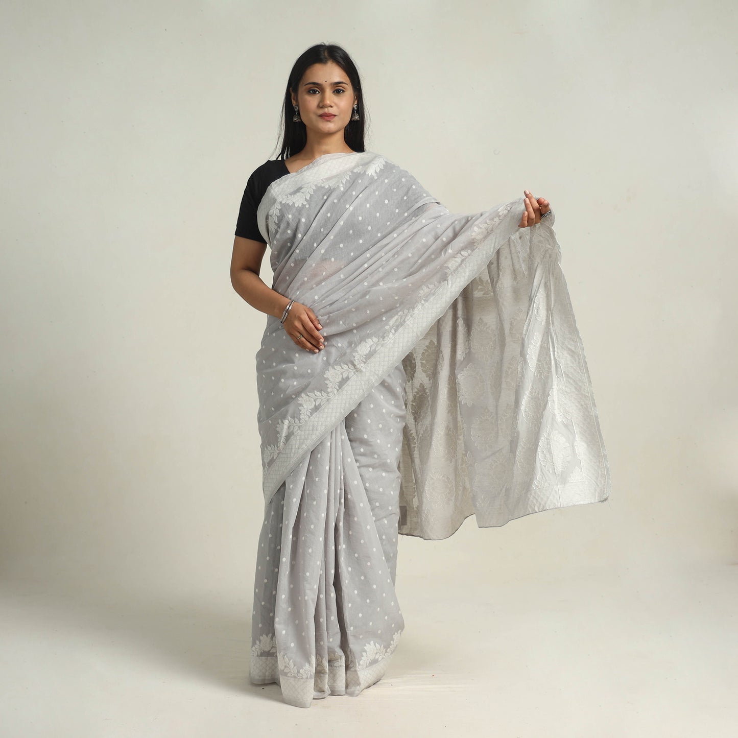 Grey - Banarasi Silk Cotton Cutwork Buti Saree 52