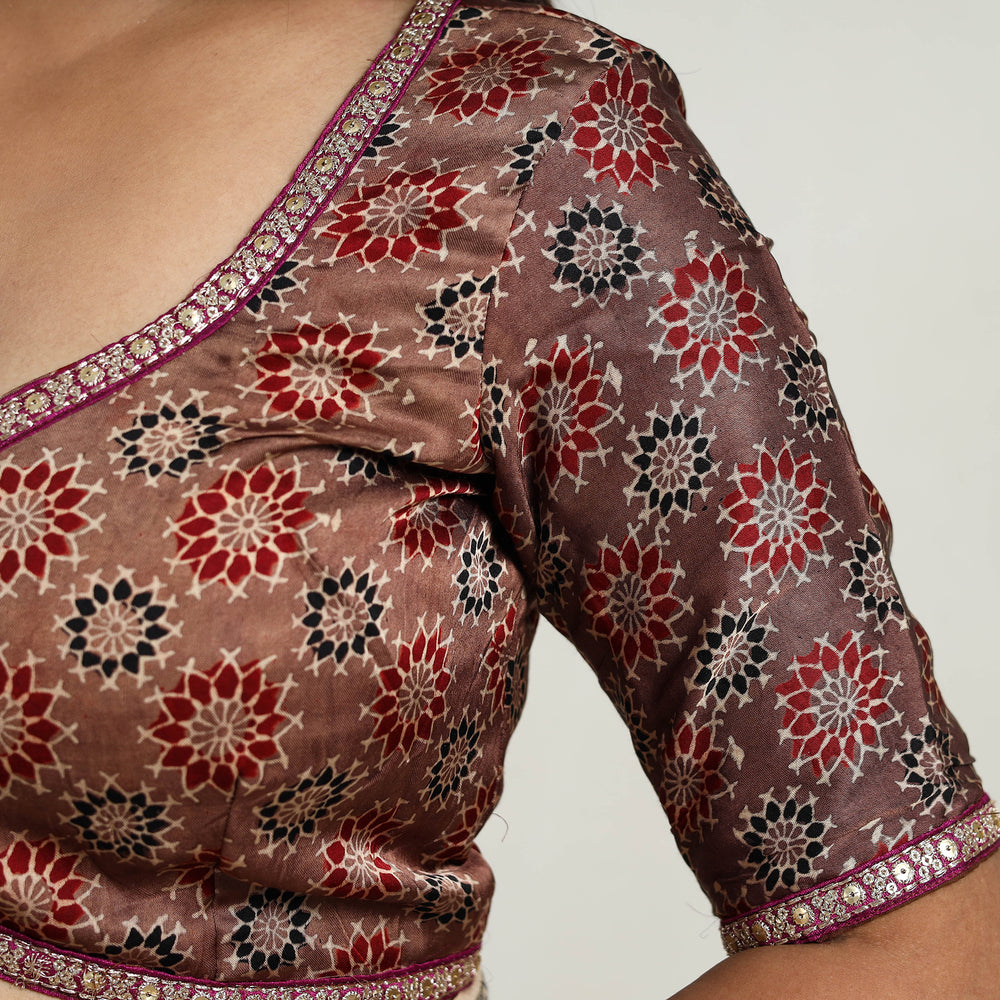 Brown - Modal Silk Block Print Stitched Ajrakh Blouse 05