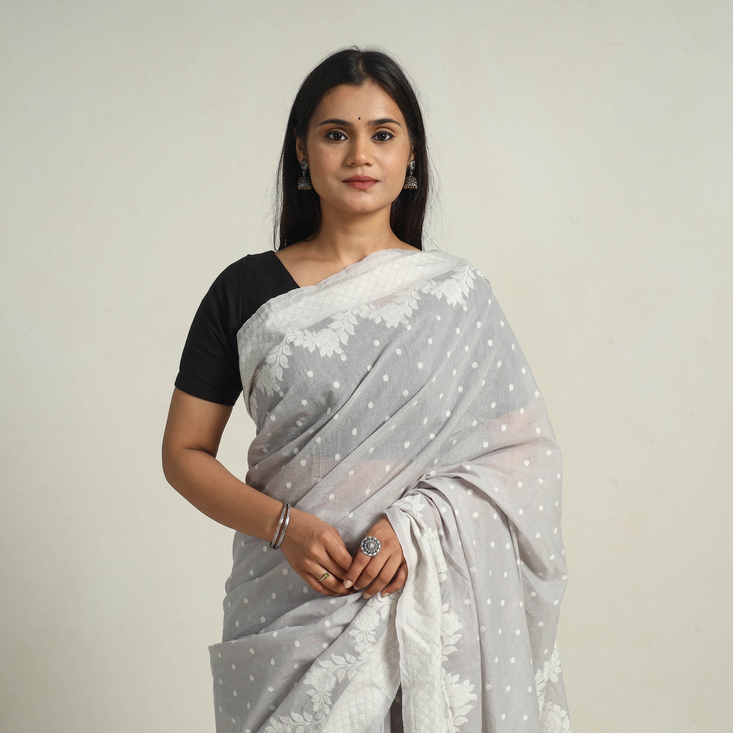 Grey - Banarasi Silk Cotton Cutwork Buti Saree 52