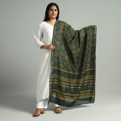 Green - Akola Dabu Block Printed Handloom Chanderi Silk Dupatta with Zari Border 04