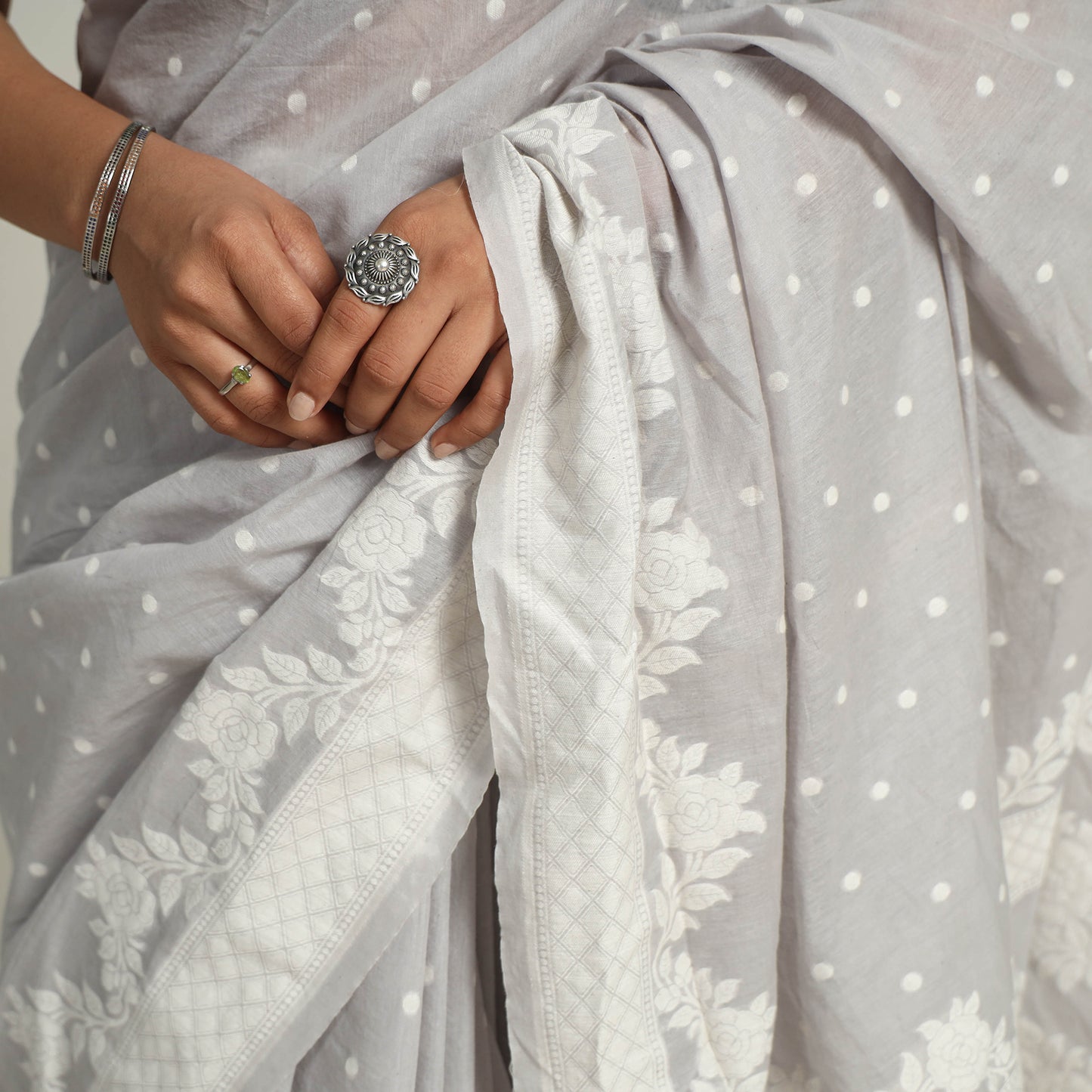 Grey - Banarasi Silk Cotton Cutwork Buti Saree 52