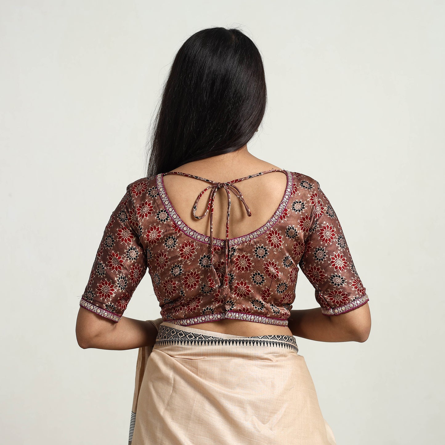 Brown - Modal Silk Block Print Stitched Ajrakh Blouse 05