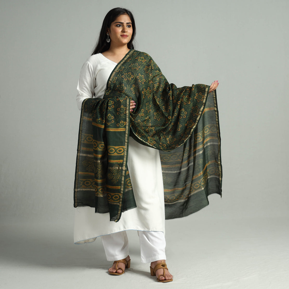 Green - Akola Dabu Block Printed Handloom Chanderi Silk Dupatta with Zari Border 04