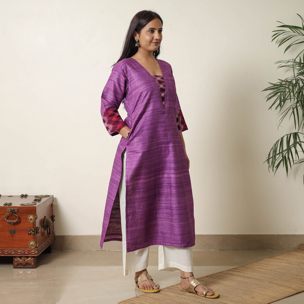 Purple - Bhagalpuri Handwoven Desi Tussar Silk Straight Kurta 11