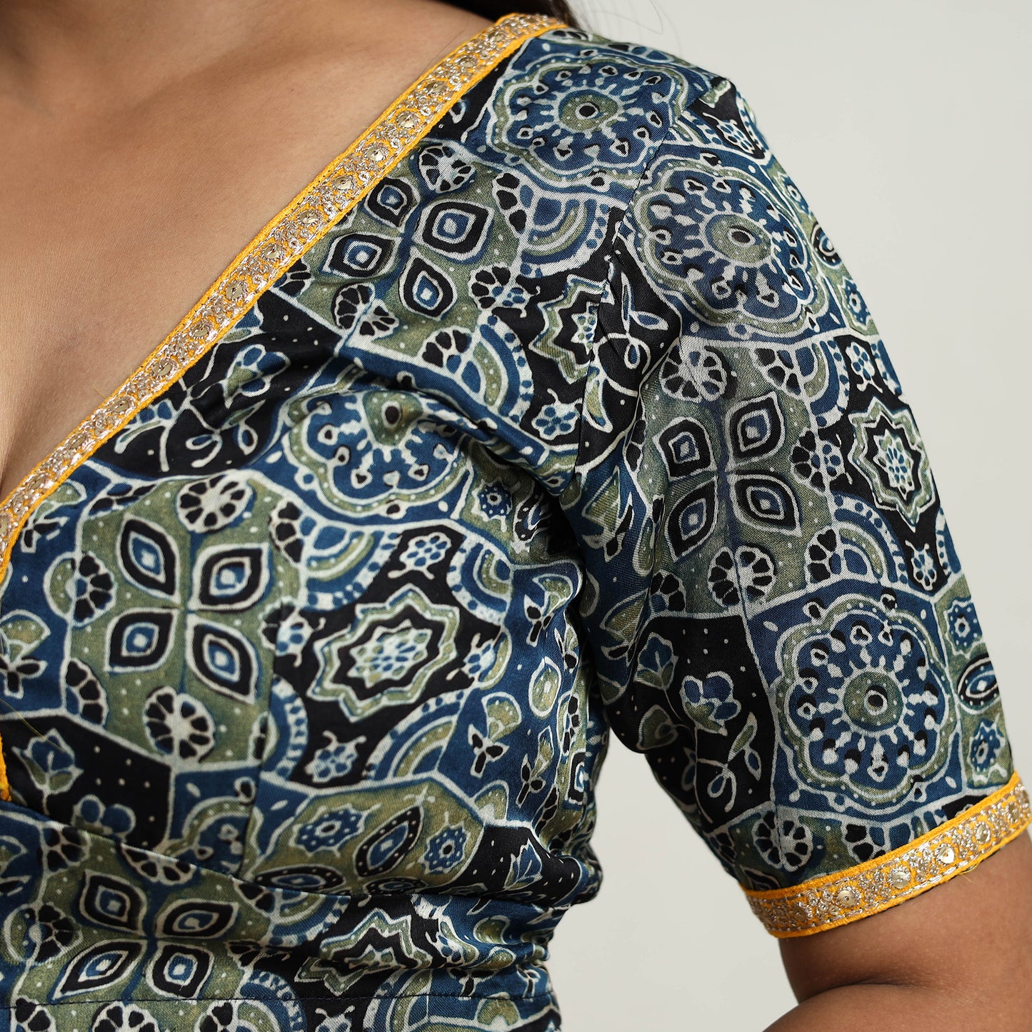 Blue - Modal Silk Block Print Stitched Ajrakh Blouse 08