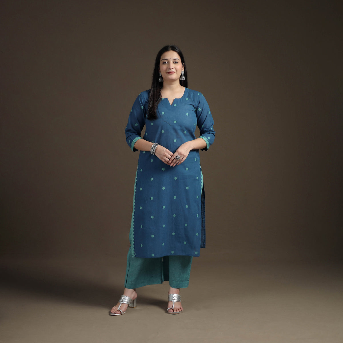 Jacquard Woven Cotton Straight Kurta with Palazzo & Dupatta Suit Set for Women 06