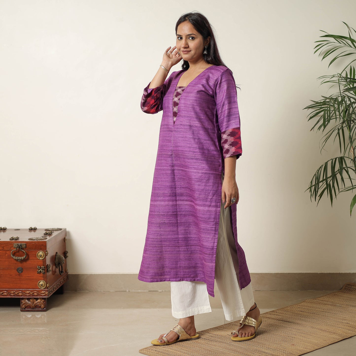 Purple - Bhagalpuri Handwoven Desi Tussar Silk Straight Kurta 11