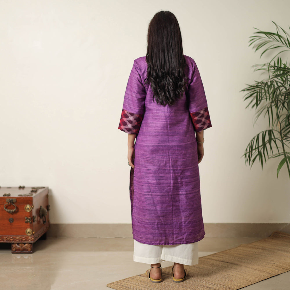 Purple - Bhagalpuri Handwoven Desi Tussar Silk Straight Kurta 11