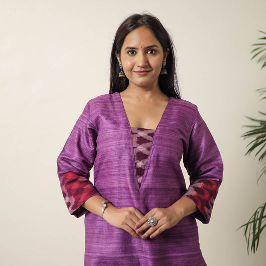 Purple - Bhagalpuri Handwoven Desi Tussar Silk Straight Kurta 11