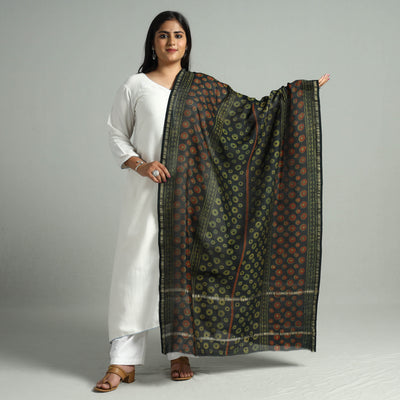 Green - Akola Dabu Block Printed Handloom Chanderi Silk Dupatta with Zari Border 07