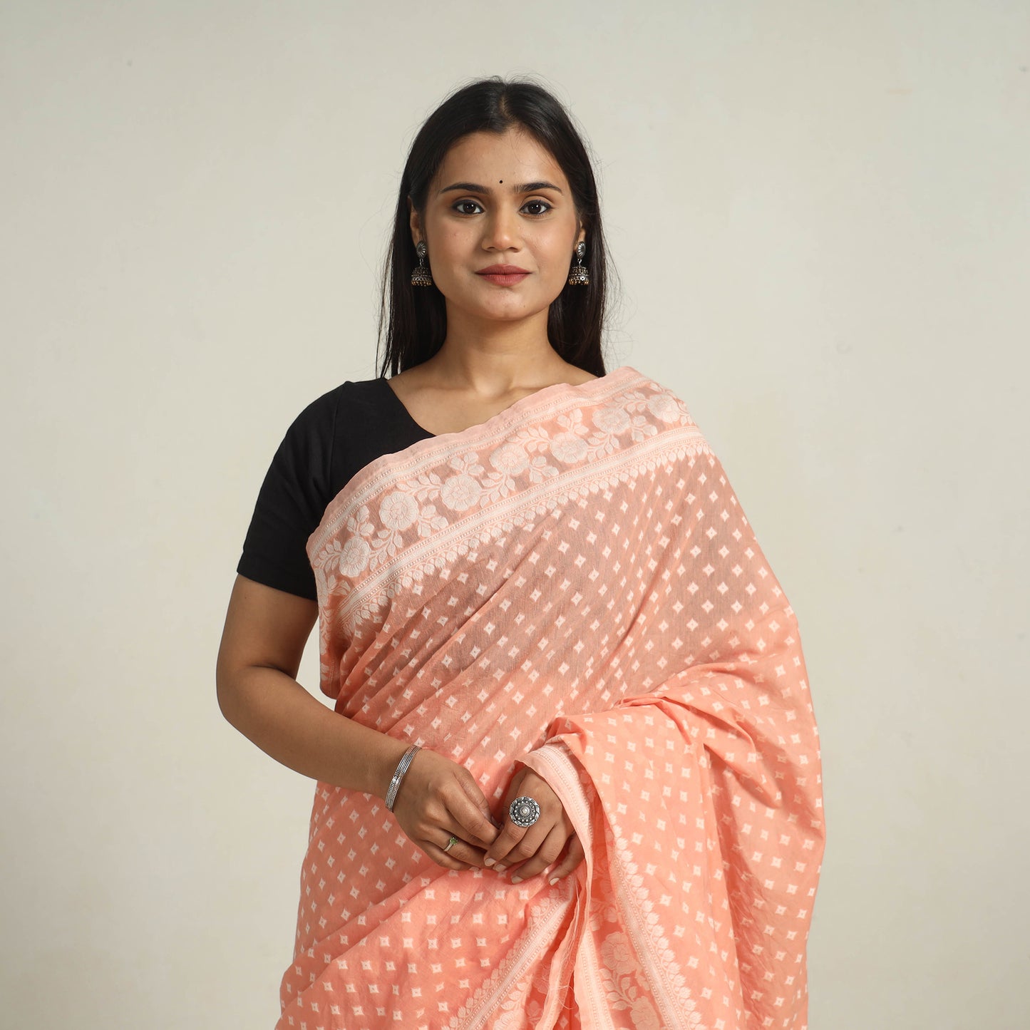 Peach -Banarasi Silk Cotton Cutwork Buti Saree 56