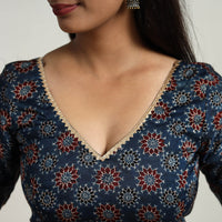 Blue - Modal Silk Block Print Stitched Ajrakh Blouse 15