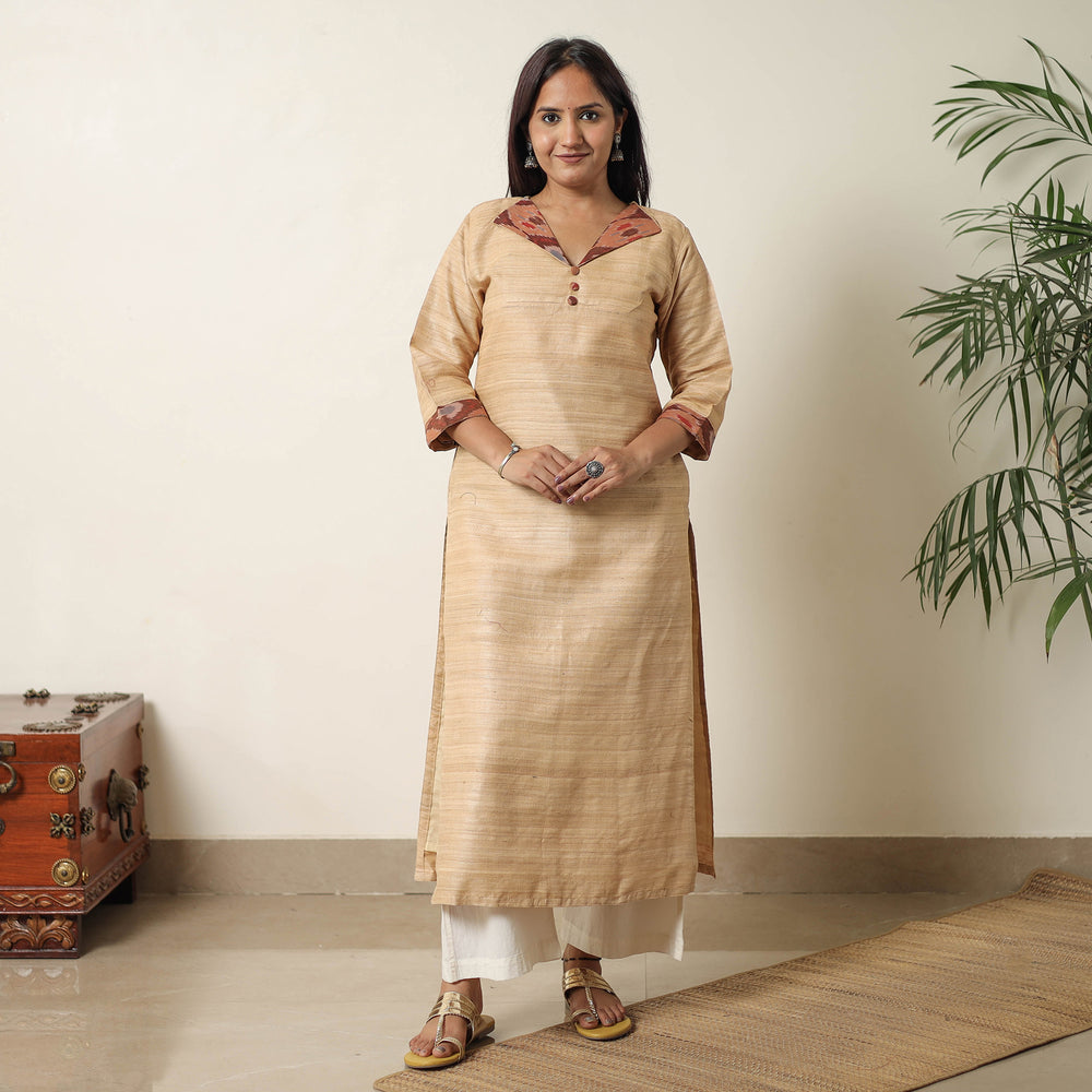 Beige - Bhagalpuri Handwoven Desi Tussar Silk Straight Kurta 07