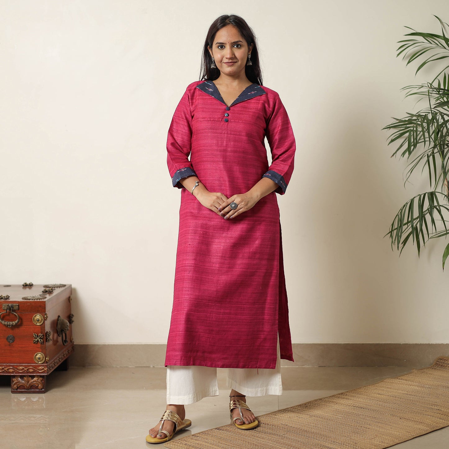 Pink - Bhagalpuri Handwoven Desi Tussar Silk Straight Kurta 06