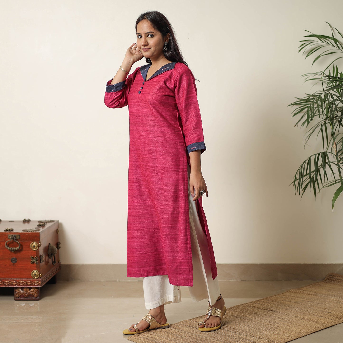 Pink - Bhagalpuri Handwoven Desi Tussar Silk Straight Kurta 06