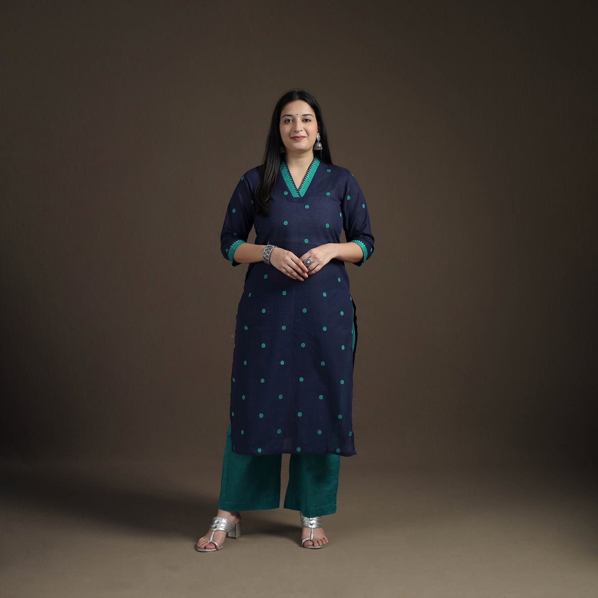Jacquard Woven Cotton Straight Kurta with Palazzo & Dupatta Suit Set for Women 10