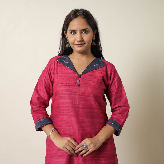 Pink - Bhagalpuri Handwoven Desi Tussar Silk Straight Kurta 06