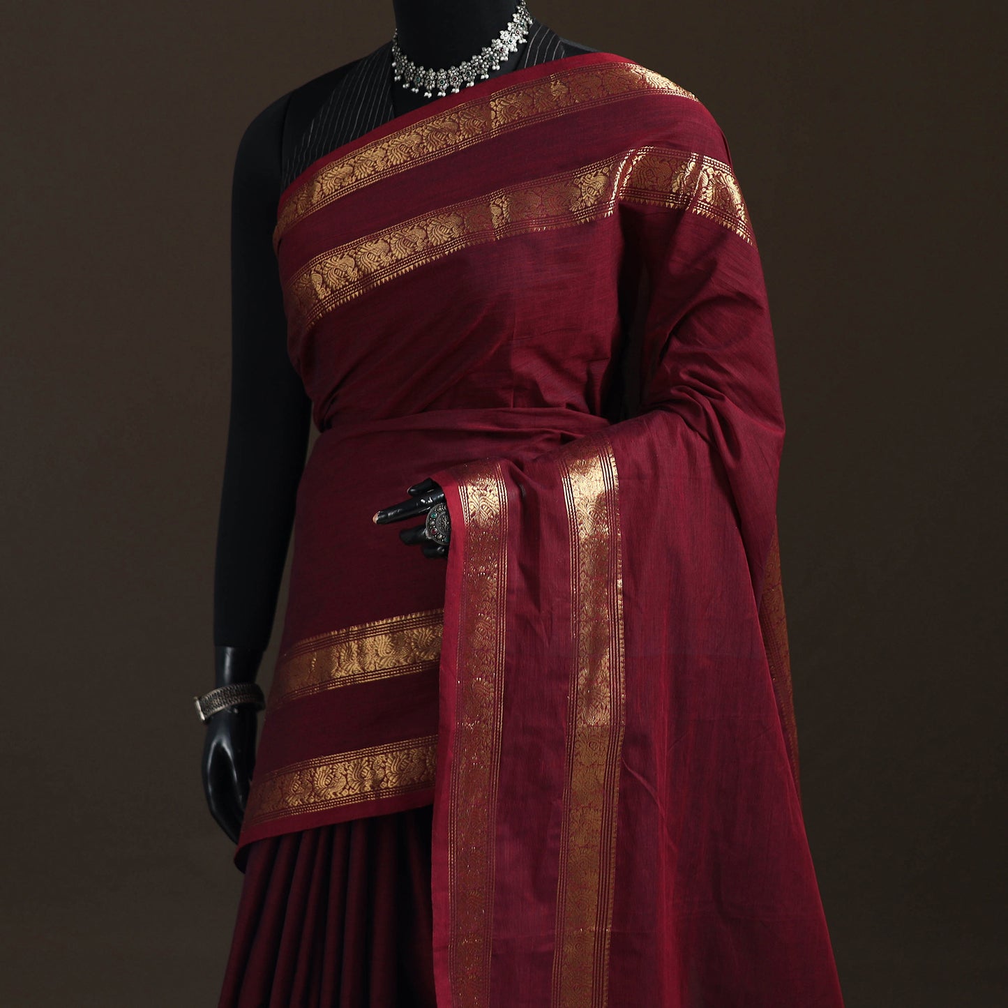 Maroon - Chettinad Woven Cotton Saree with Border 32