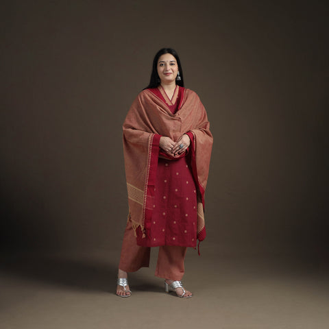Jacquard Woven Cotton Straight Kurta with Palazzo & Dupatta Suit Set for Women 11