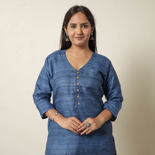 Blue - Bhagalpuri Handwoven Desi Tussar Silk Straight Kurta 01