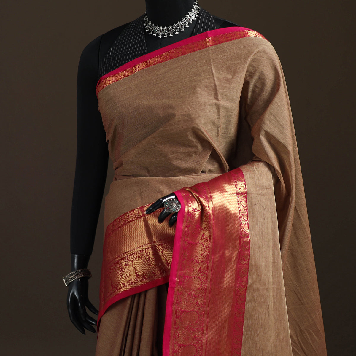 Brown - Chettinad Woven Cotton Saree with Border 33
