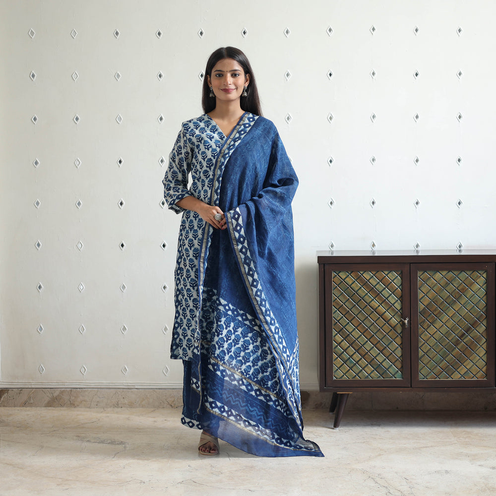 Blue - Chanderi Silk Indigo Bagru Block Print Kurta Set 06