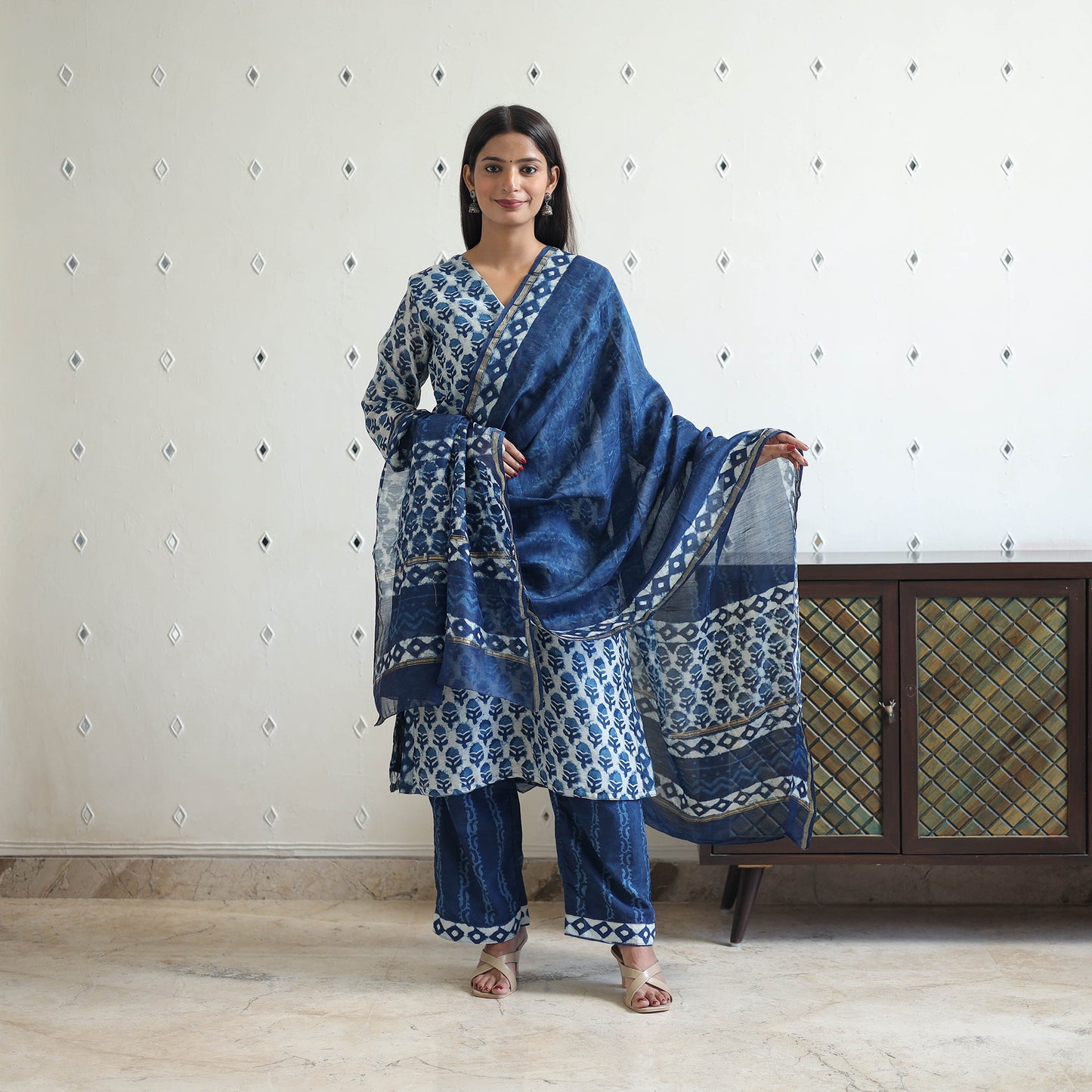 Blue - Chanderi Silk Indigo Bagru Block Print Kurta Set 06