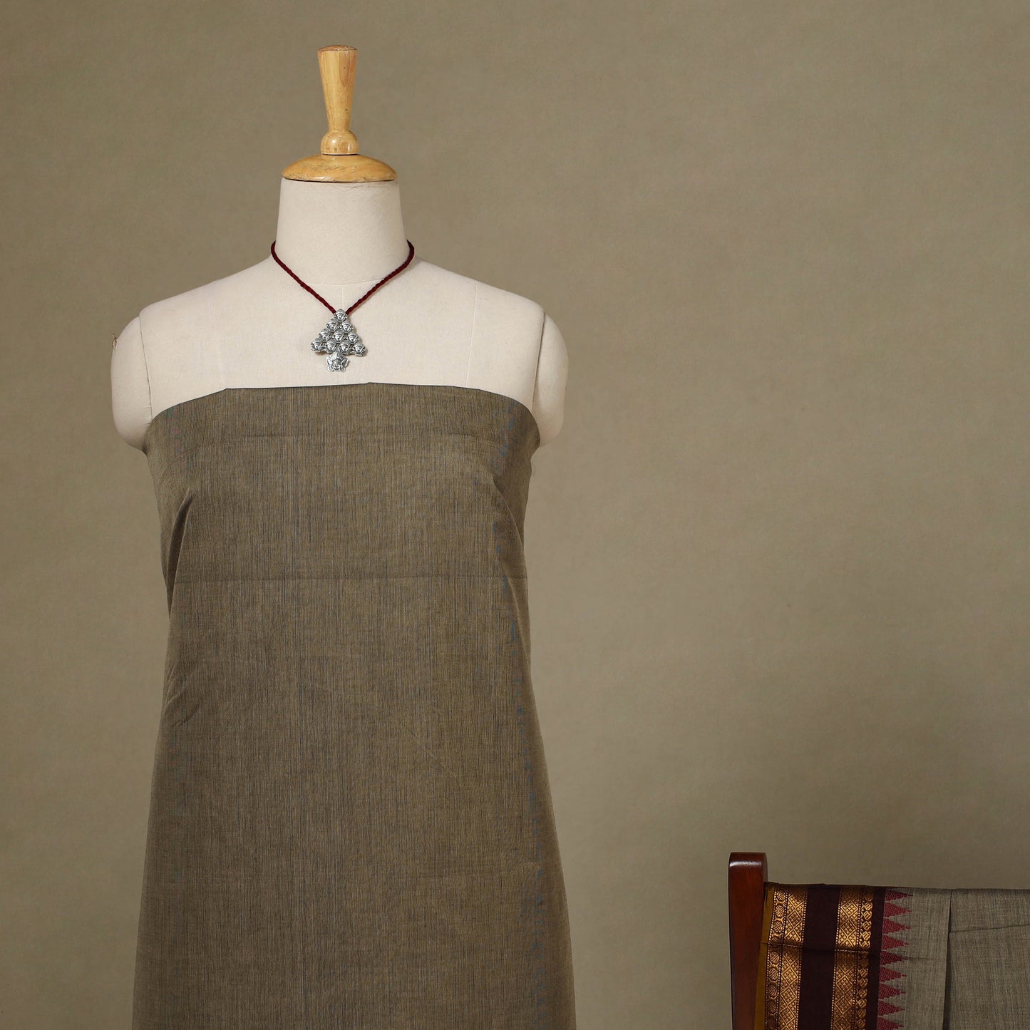 Brown 2pc Kandangi Chettinad Dress Material with Jewellery Set