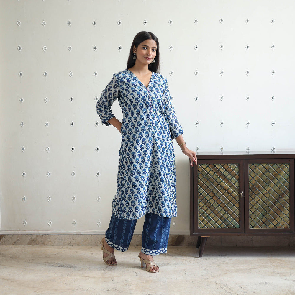 Blue - Chanderi Silk Indigo Bagru Block Print Kurta Set 06