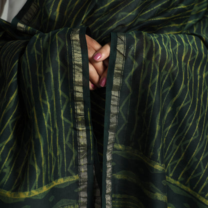 Green - Akola Dabu Block Printed Handloom Chanderi Silk Dupatta with Zari Border 14