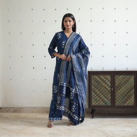 Blue - chanderi silk indigo bagru kurta set 05 - handcrafted
