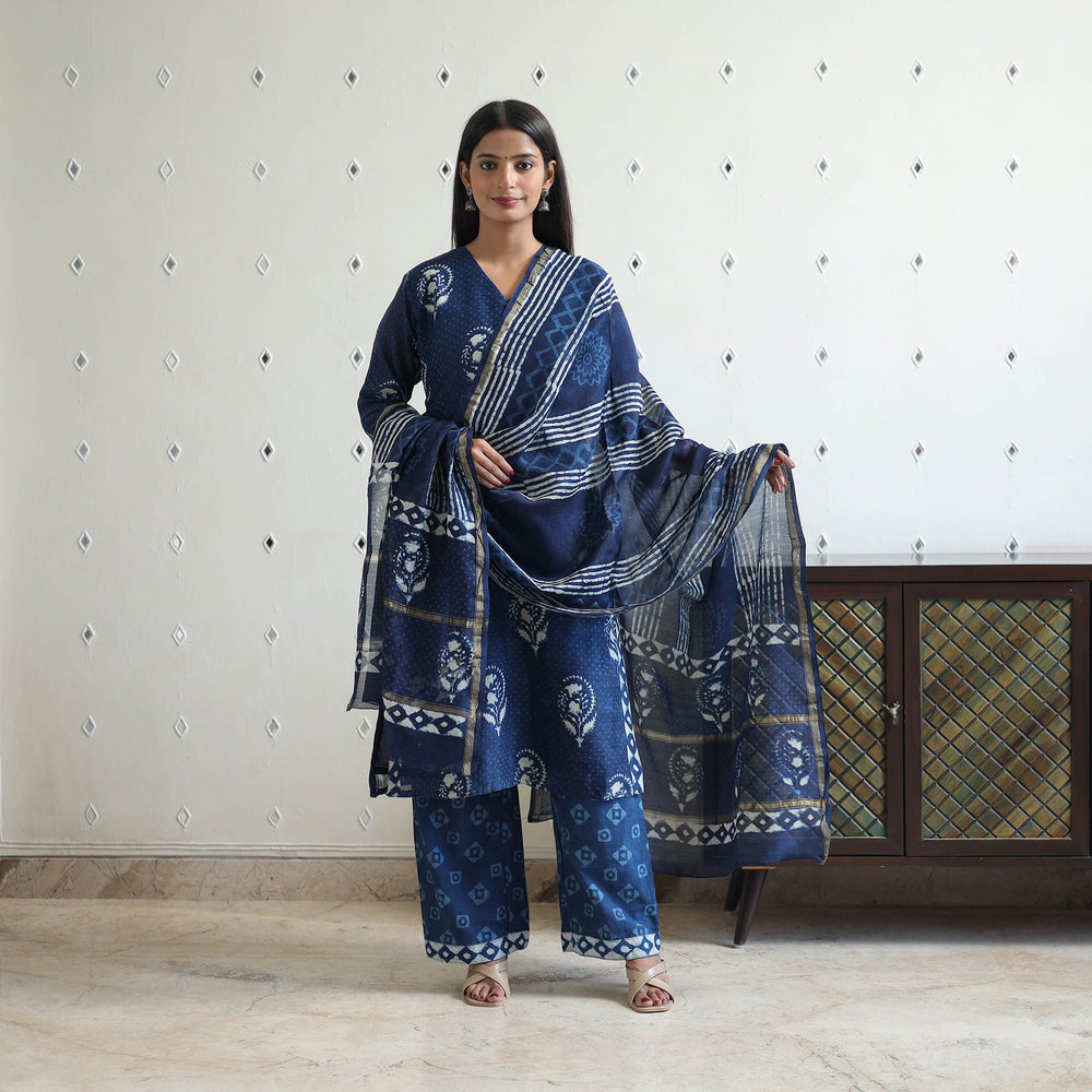 Blue - Chanderi Silk Indigo Bagru Block Print Kurta Set 05