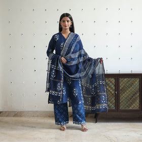 Blue - chanderi silk indigo bagru kurta set 05 - handcrafted