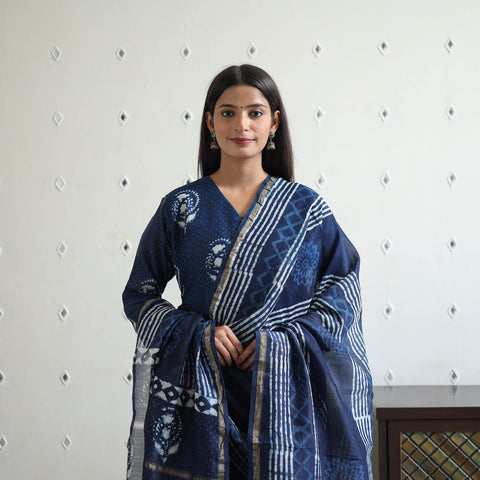 Blue - Chanderi Silk Indigo Bagru Block Print Kurta Set 05