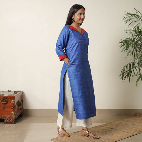 Blue - Bhagalpuri Handwoven Desi Tussar Silk Straight Kurta 08