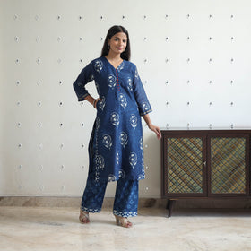 Blue - chanderi silk indigo bagru kurta set 05 - handcrafted