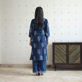 Blue - chanderi silk indigo bagru kurta set 05 - handcrafted