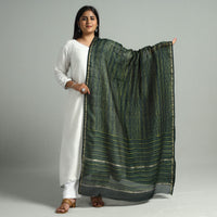 Green - Akola Dabu Block Printed Handloom Chanderi Silk Dupatta with Zari Border 16